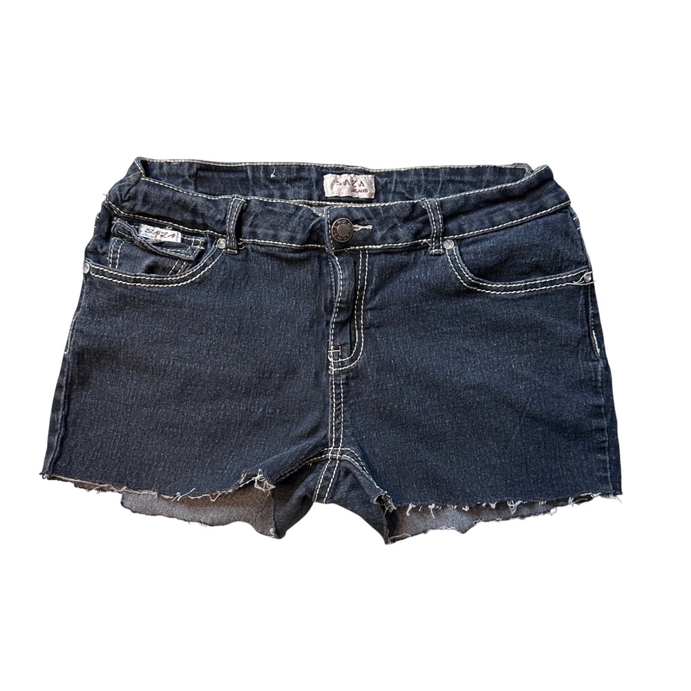 SAZA‎ Jeans Shorts Womens 15 Dark Blue Denim Cut Off Embellished Rhinestone Y2K